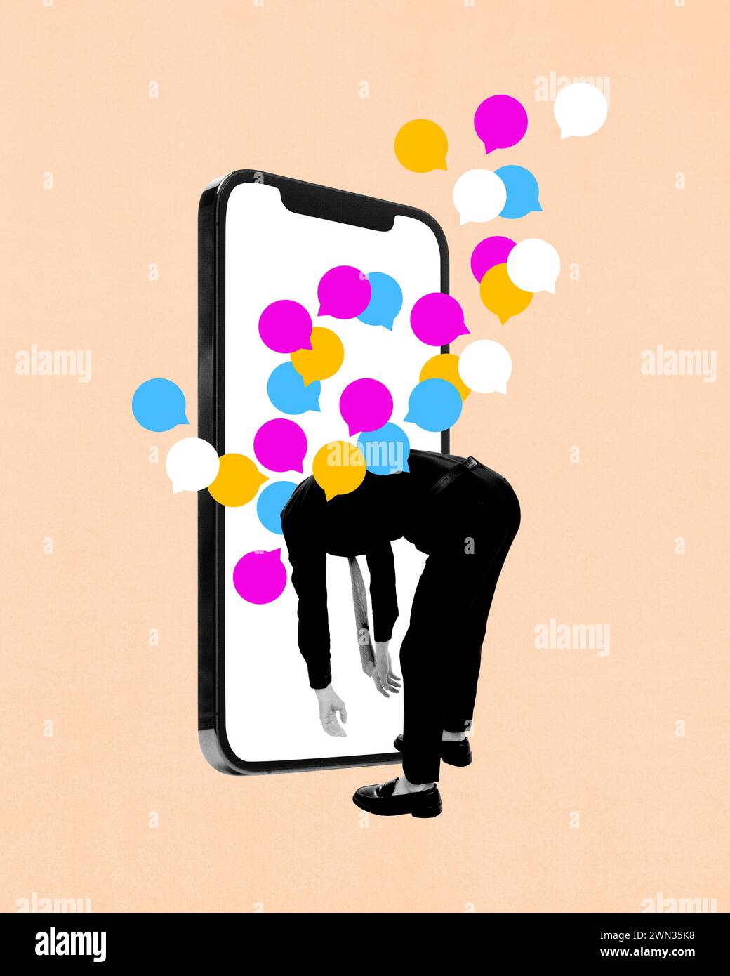 Male head stuck into giant mobile phone screen with many multicolored speech bubbles. Online communication. Contemporary art collage. Stock Photo