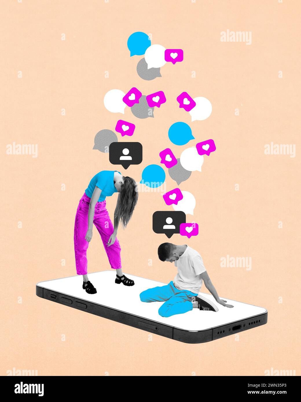 Young man and woman without energy on giant phone screen with speech and heart icons above them. Addiction. Contemporary art collage. Stock Photo