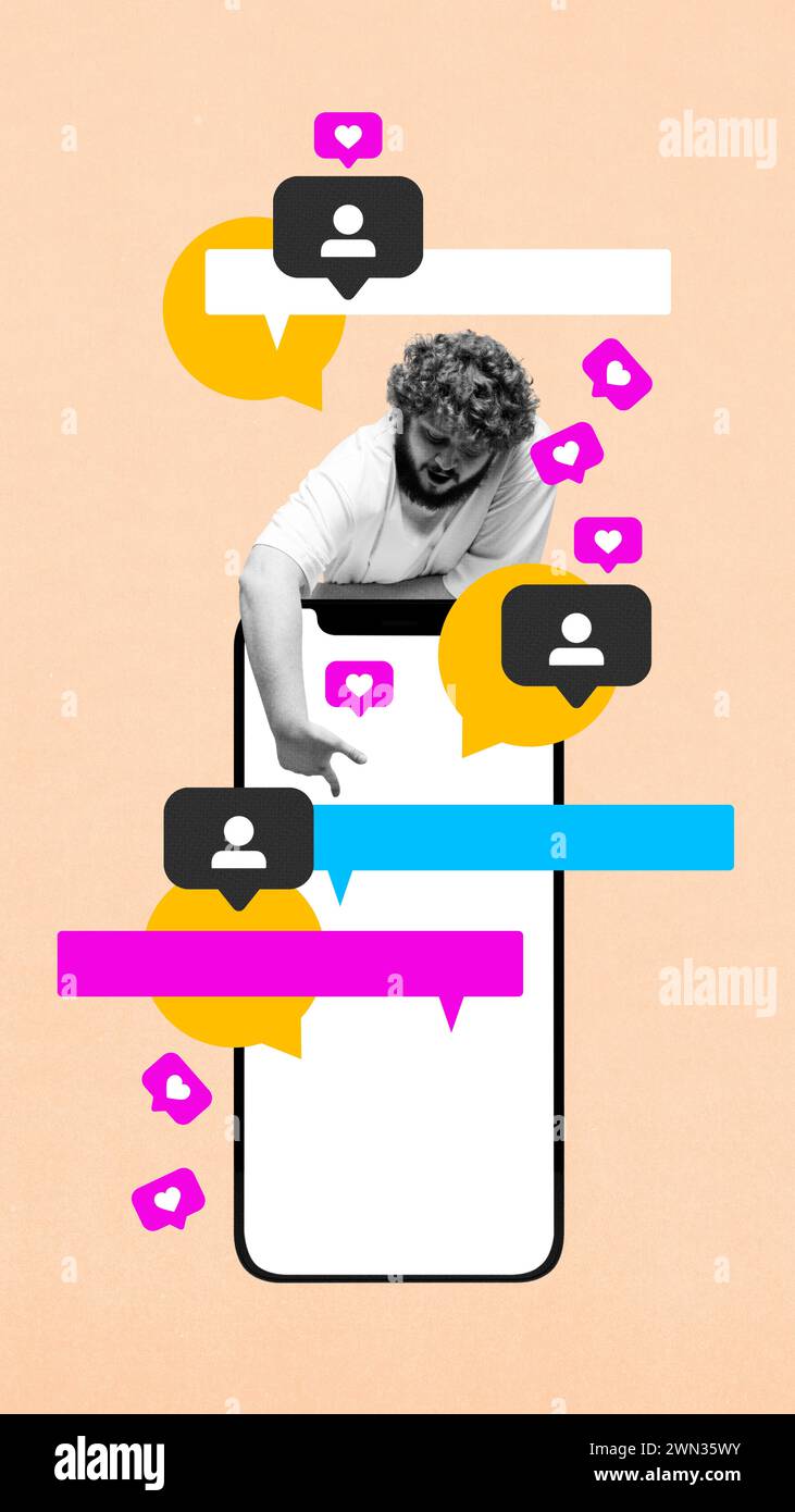 Young guy pointing in giant mobile phone screen with speech bubbles, followers and heart icons. Influencer, blogger. Contemporary art collage. Stock Photo