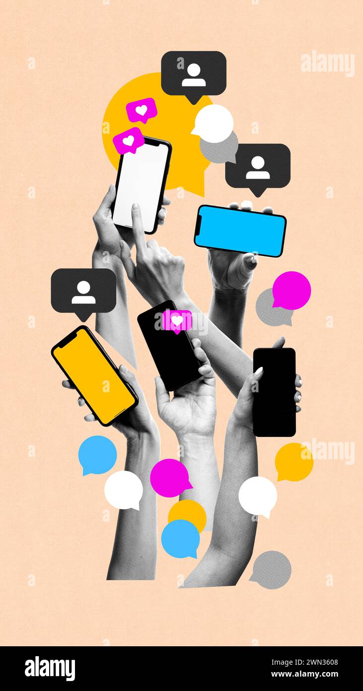 Many human hands with mobile phones and social media icons, likes and ...