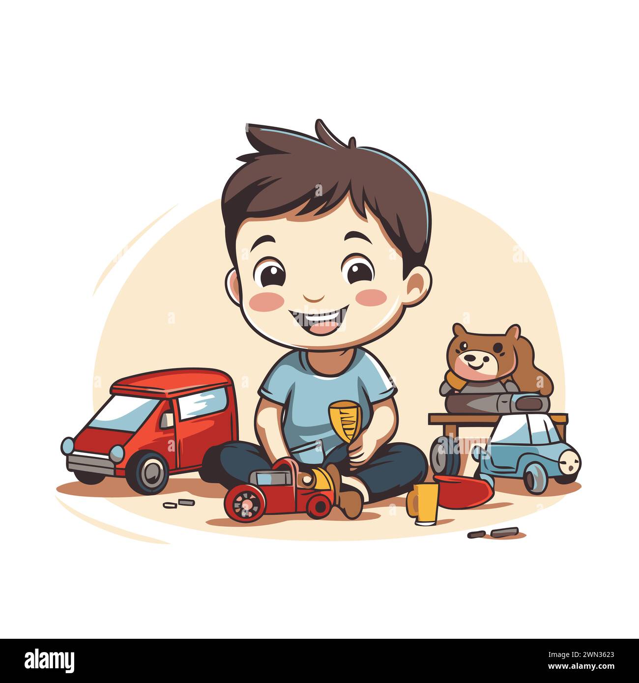 Cute little boy playing with a toy car. Vector illustration. Stock Vector