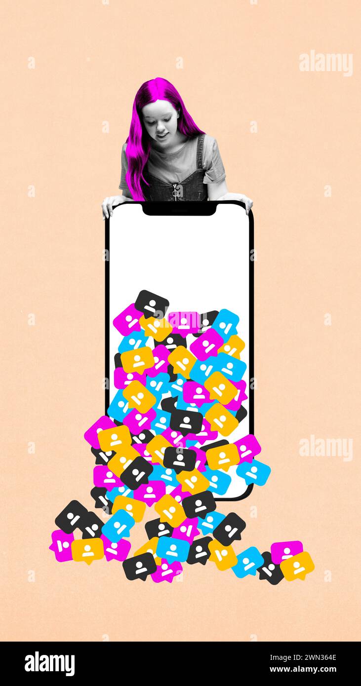 Young girl looking on mobile phone screen wit multicolored social media icons. Blogging. Contemporary art collage. Stock Photo