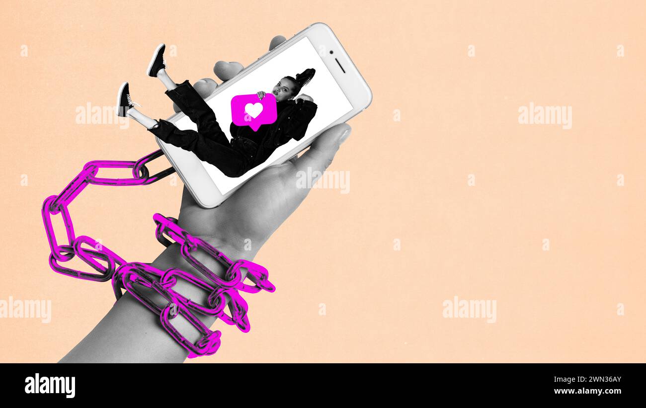 Following life of bloggers. Han in chains connected to phone with young girl on screen. Contemporary art collage. Stock Photo
