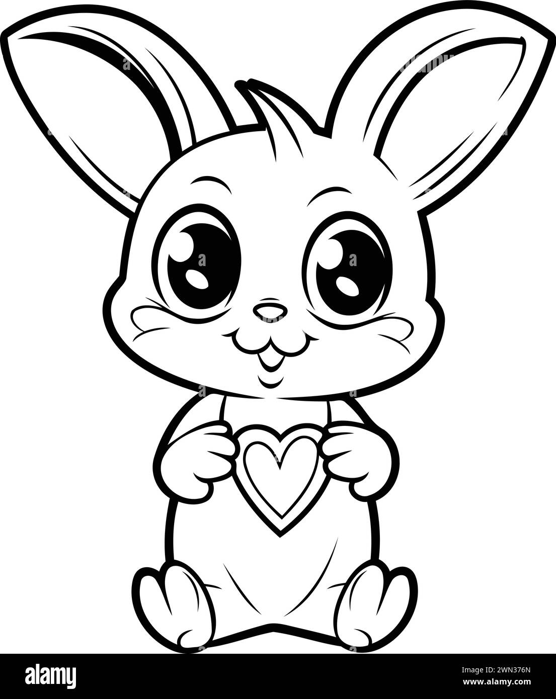 Cute Cartoon Bunny with Heart - Black and White Illustration. Vector Stock Vector