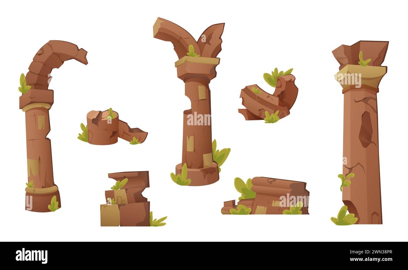 Ancient ruins set - destroyed architecture or monuments of old civilizations and tribal culture. Cartoon vector collection of ruined medieval antique constructions stones and columns with grass. Stock Vector