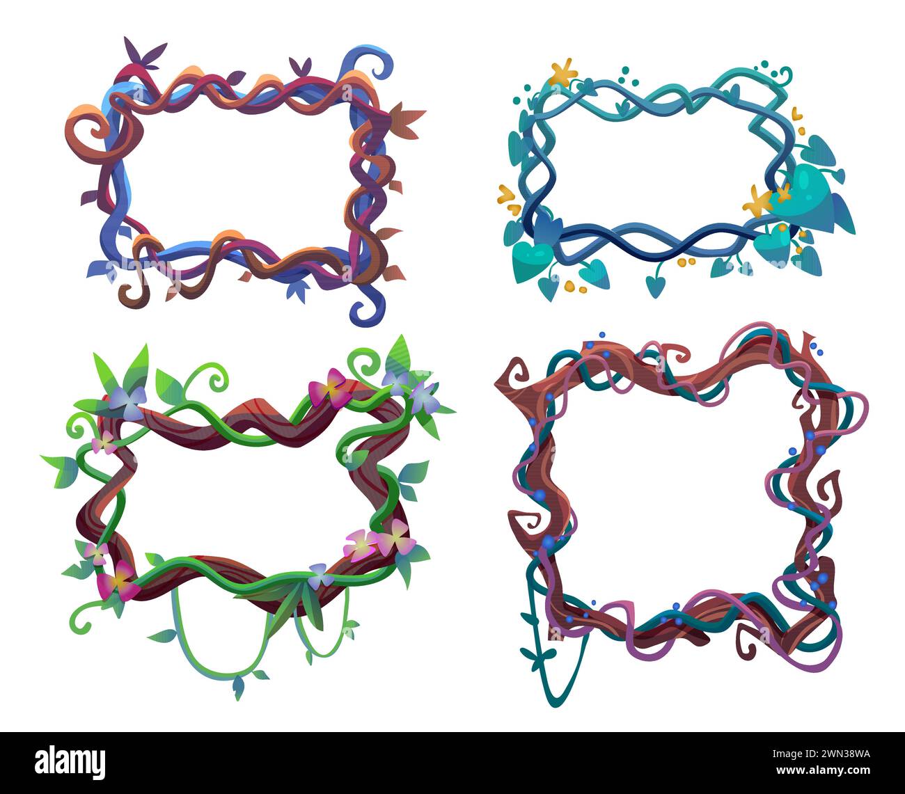 Frames made from liana vine with leaves and flowers. Cartoon vector set of borders from jungle plant branches. Creeping hanging rain forest tree vegetation in form of rectangular box and badge. Stock Vector