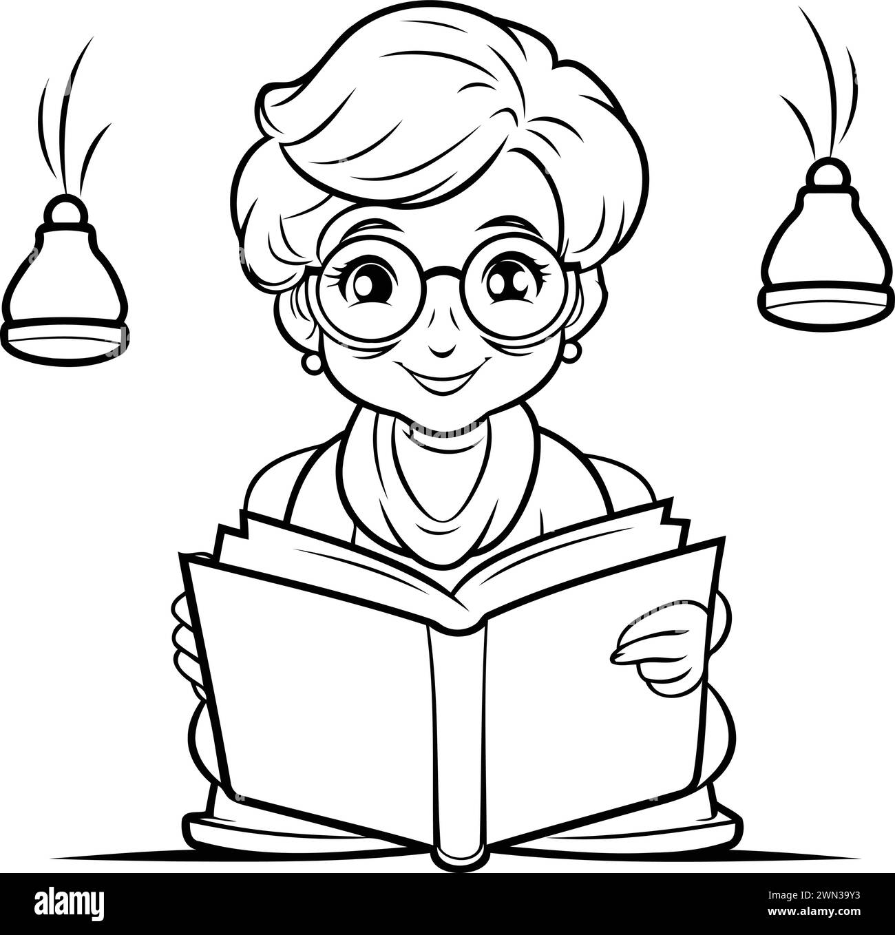 Black and White Cartoon Illustration of Kid Reading a Book or Book Coloring Book Stock Vector