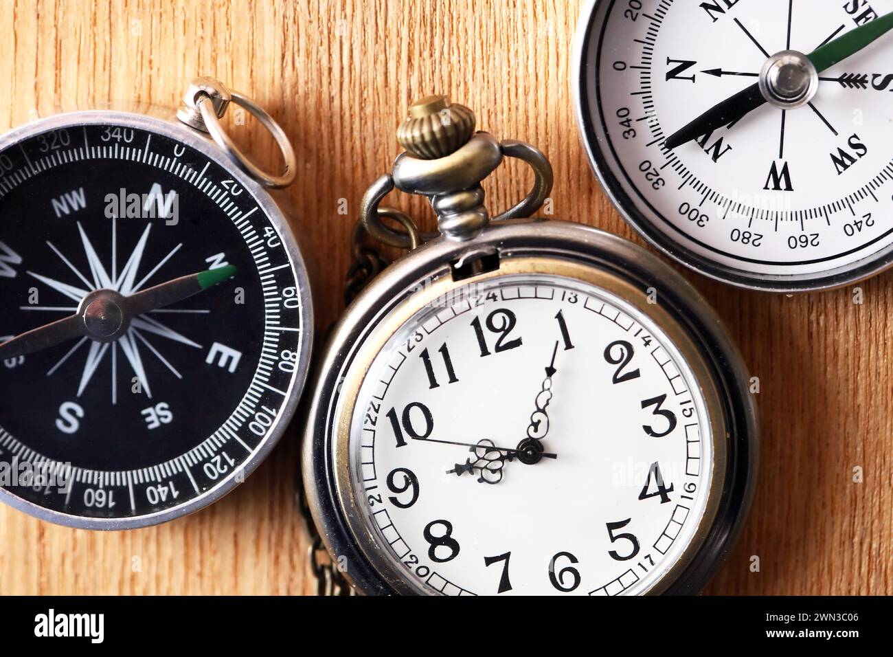 Navigation concept. Pocket watch between two compasses on wooden background Stock Photo