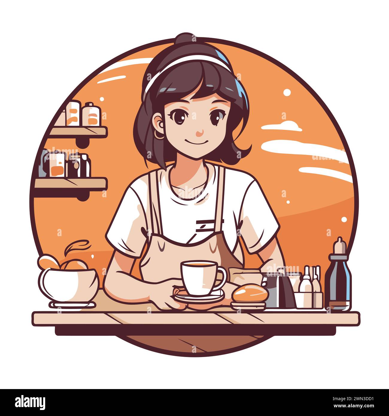 Coffee shop. Girl in apron with a cup of coffee. Vector illustration. Stock Vector