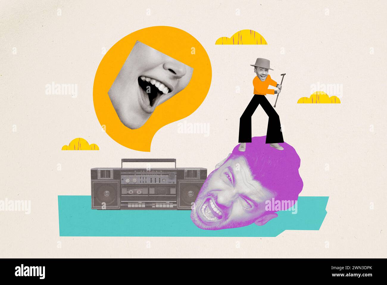 Collage funky man artist performer singer male outraged face body