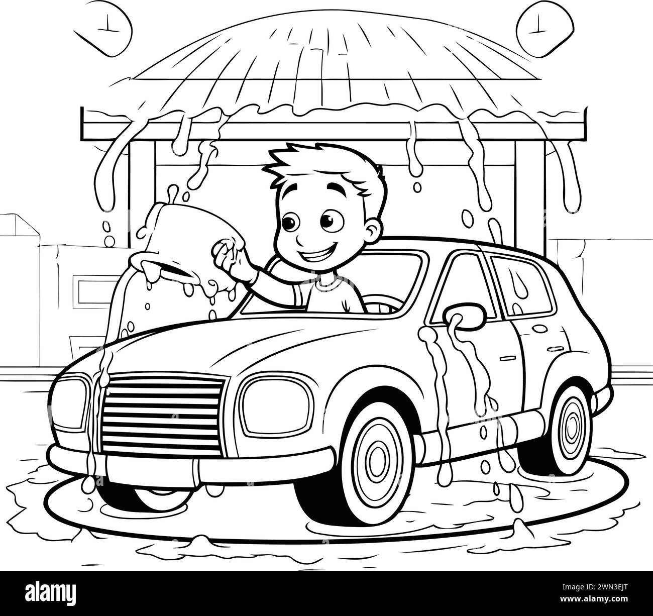 Boy washing his car in the rain. black and white vector illustration