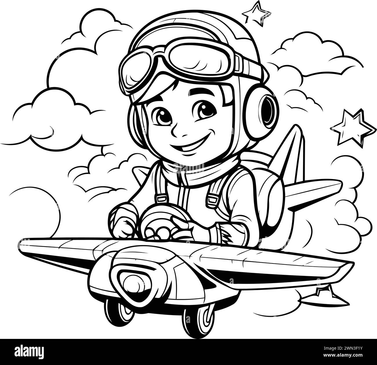 Cute cartoon pilot with airplane. Vector illustration for coloring book. Stock Vector