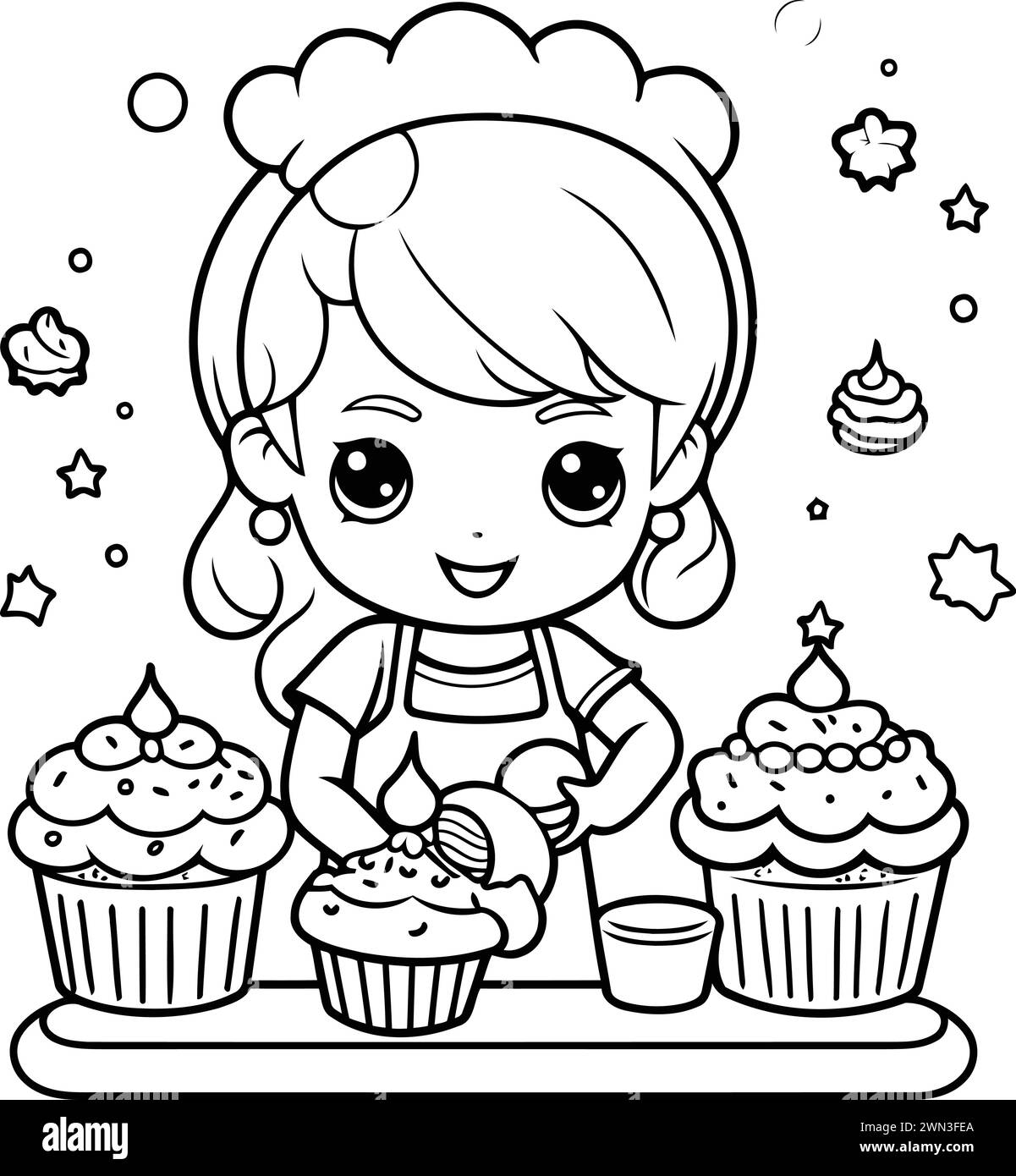 Coloring Page Outline Of cartoon girl baking cupcakes. Vector illustration. Stock Vector