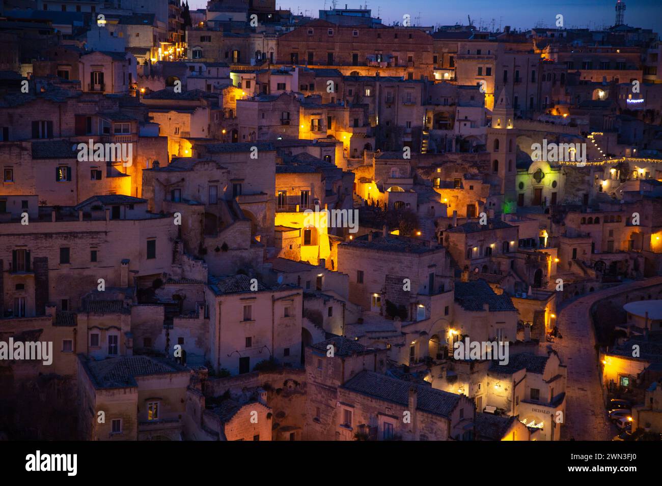 Arial view of Matera sassi at night, Italy Stock Photo
