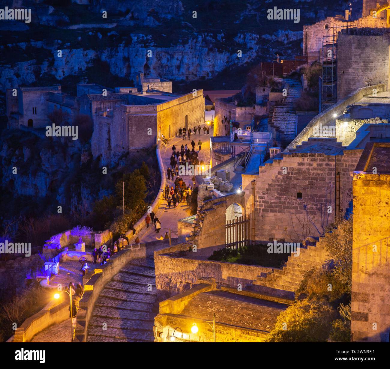 Arial view of Matera sassi curved road at night, Italy Stock Photo