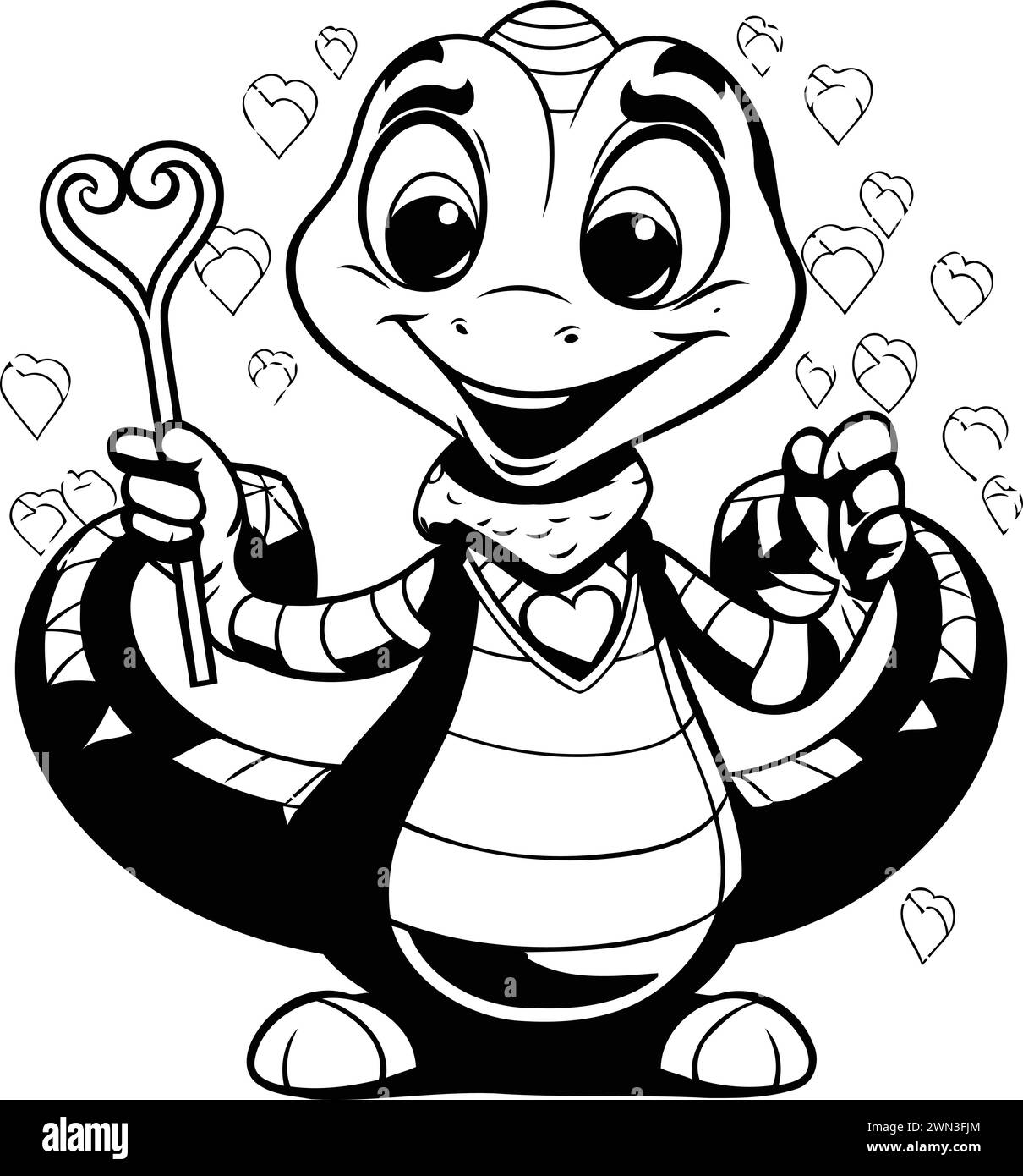 Black and white graphic illustration of a snake holding a magic wand with hearts around him. Stock Vector