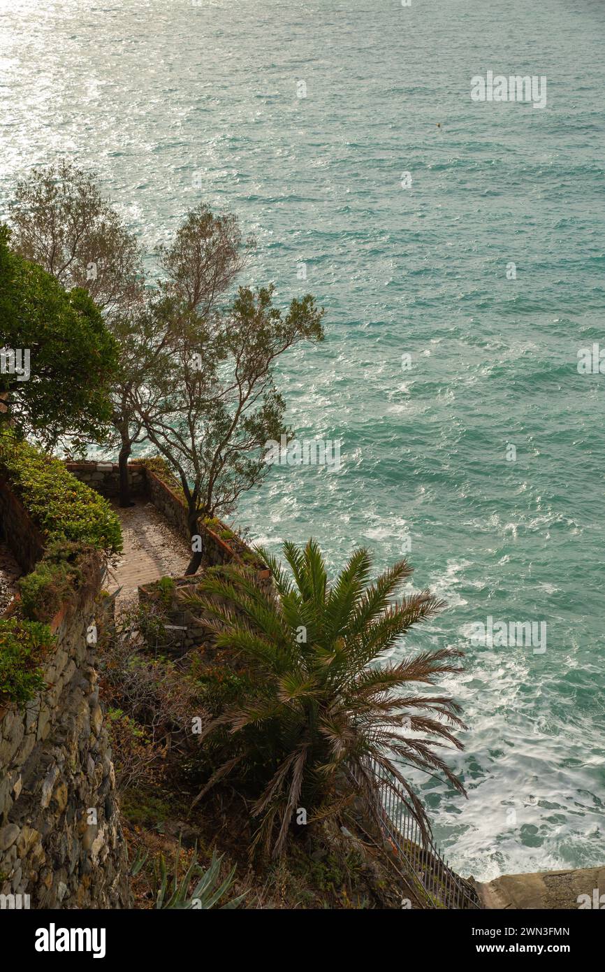overlook of a terrace on the costal and sea, Cinque Terre, Italy Stock Photo