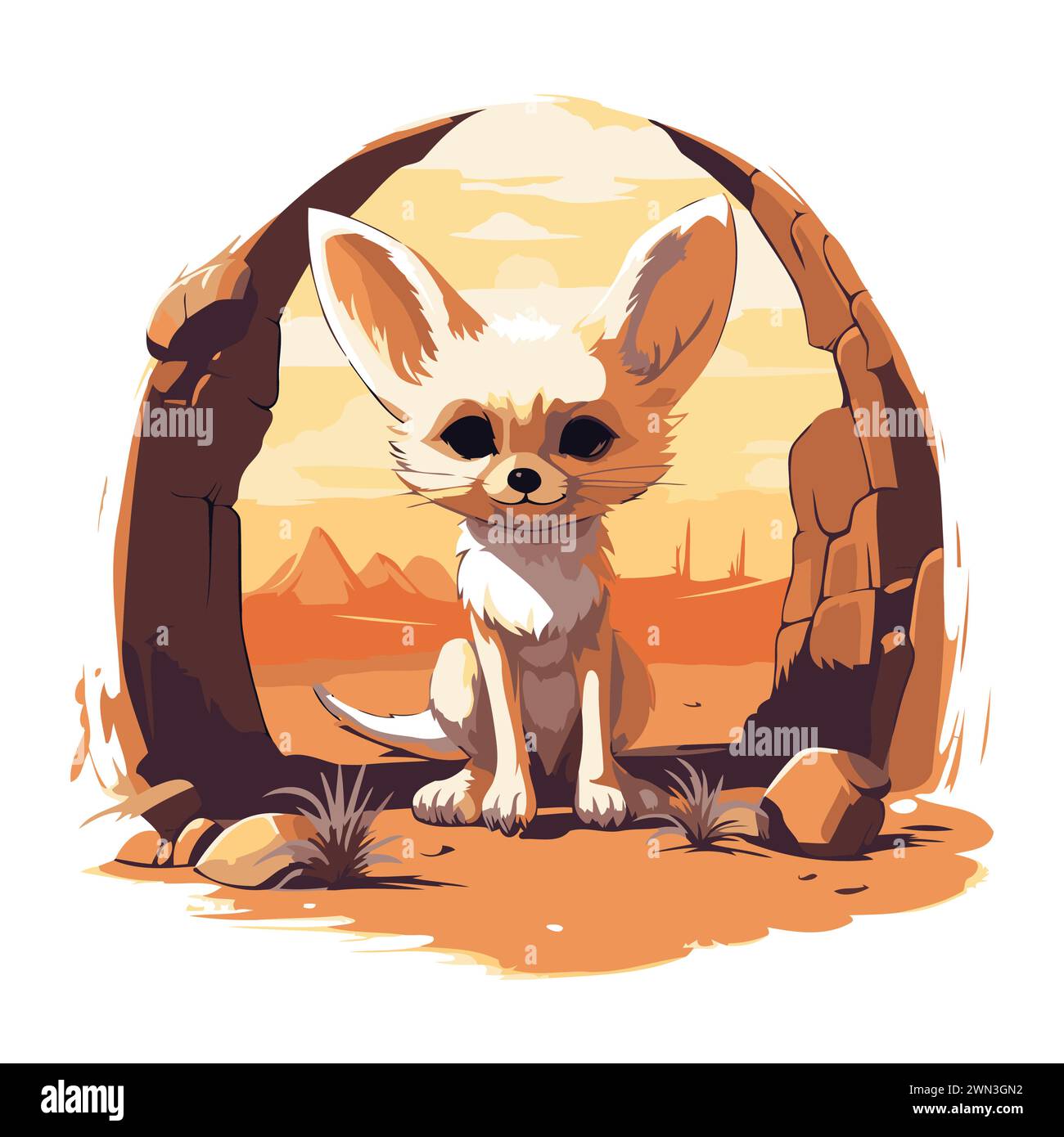 Fennec fox in the desert. Vector illustration in cartoon style. Stock Vector