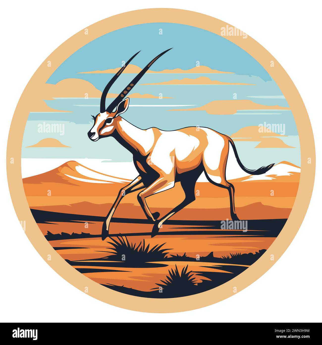 Gazelle in the desert on a round background. Vector illustration Stock ...