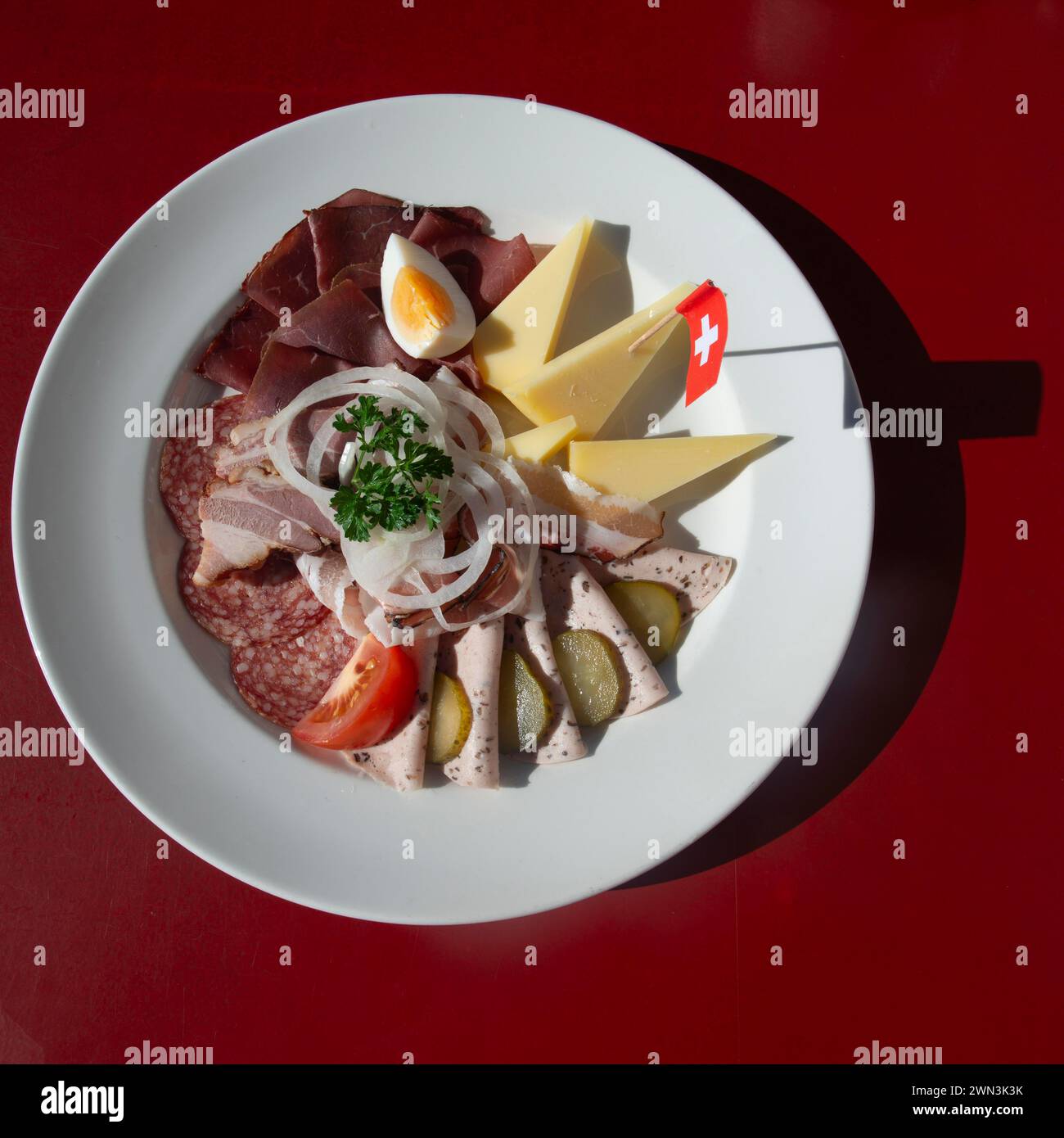 Saentis cheese and sausage platter, restaurant at the summit of the Alps, Appenzell Alps, 2505m altitude, Schwaegalp, Urnaesch, Canton Appenzell Stock Photo
