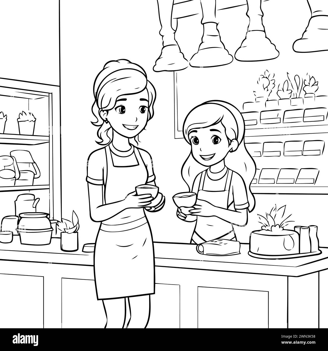 Coloring Page Outline Of Mother and Daughter Cooking Food In Kitchen Stock Vector