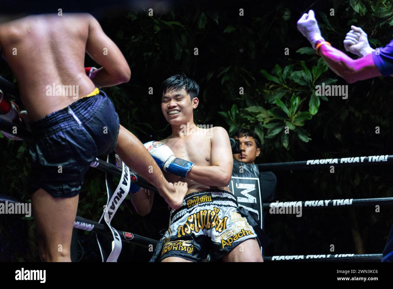 Koh Chang, Thailand. 24th Feb, 2024. Boxer San Cheng (R) and Thana (L) seen in action during the
