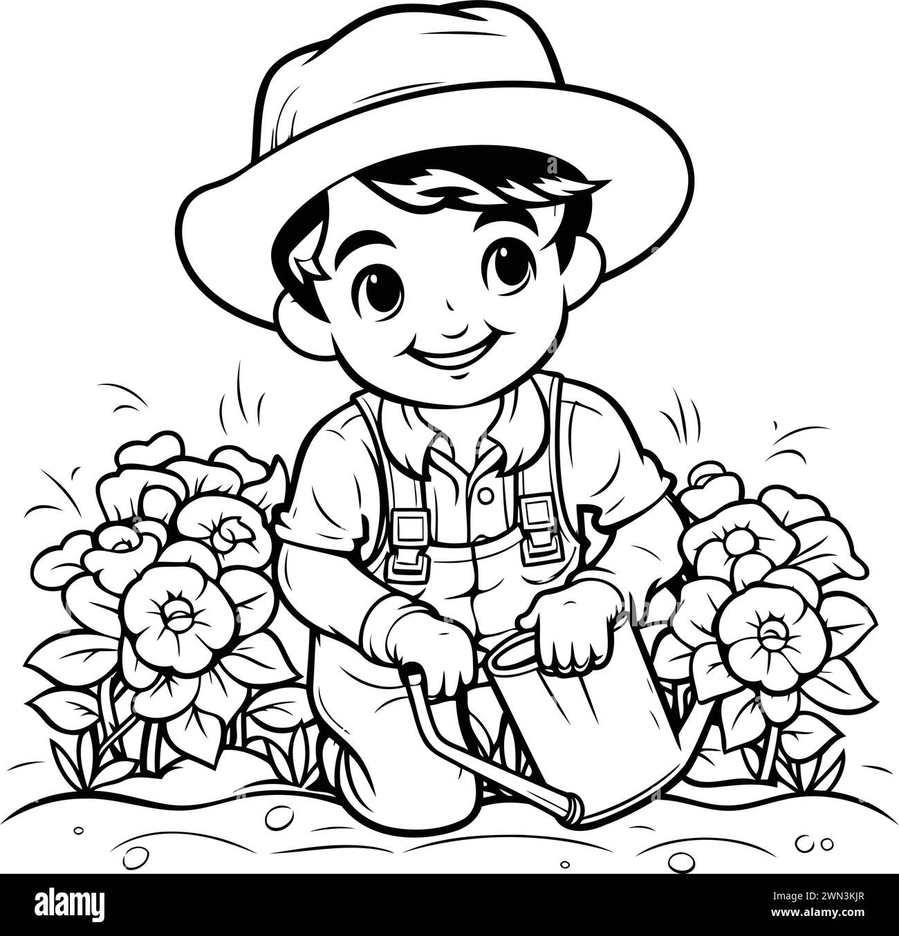 Coloring Page Outline Of a Gardener Boy Watering Flowers Stock Vector ...