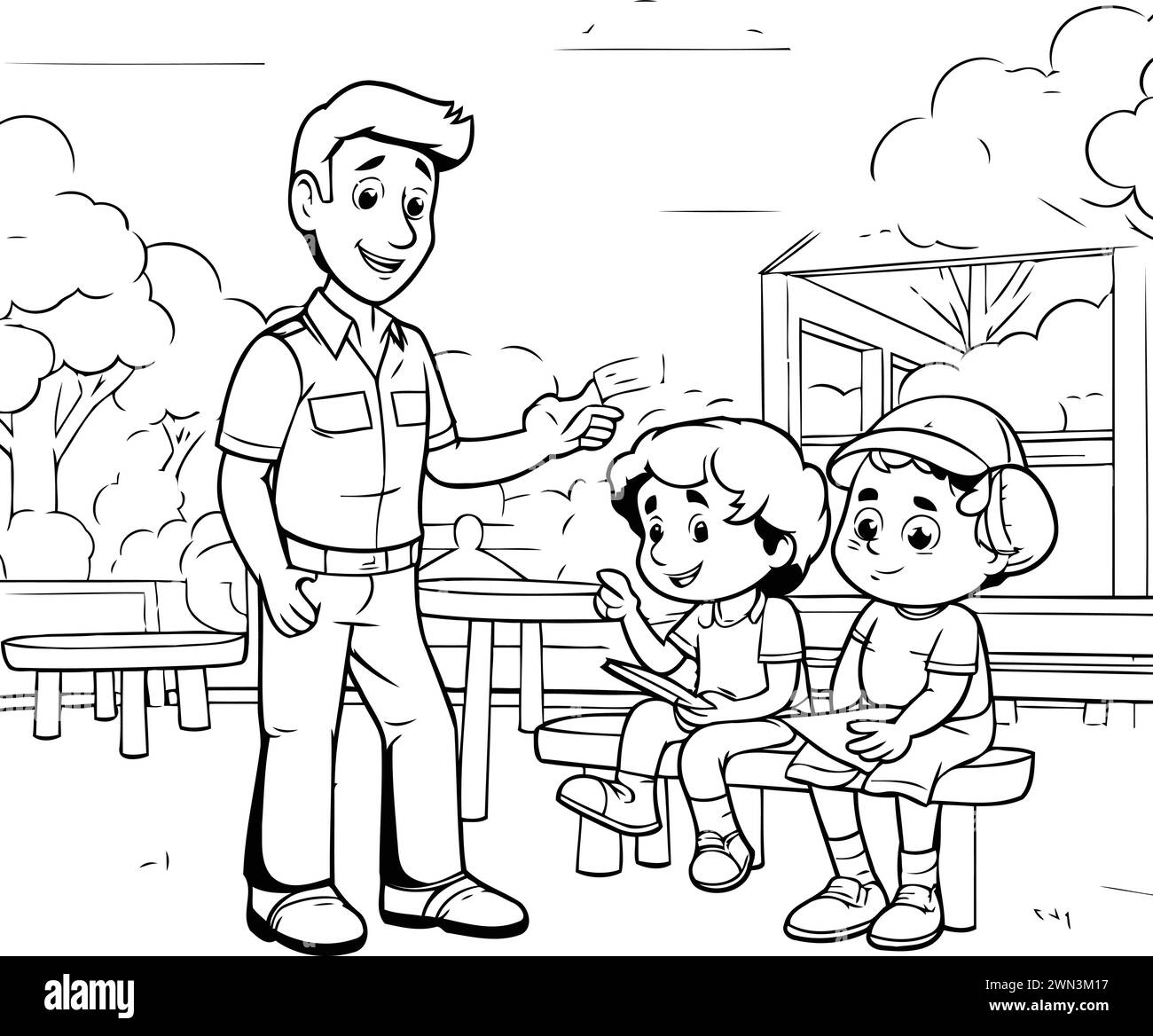Father and two children playing in the park. black and white vector illustration Stock Vector