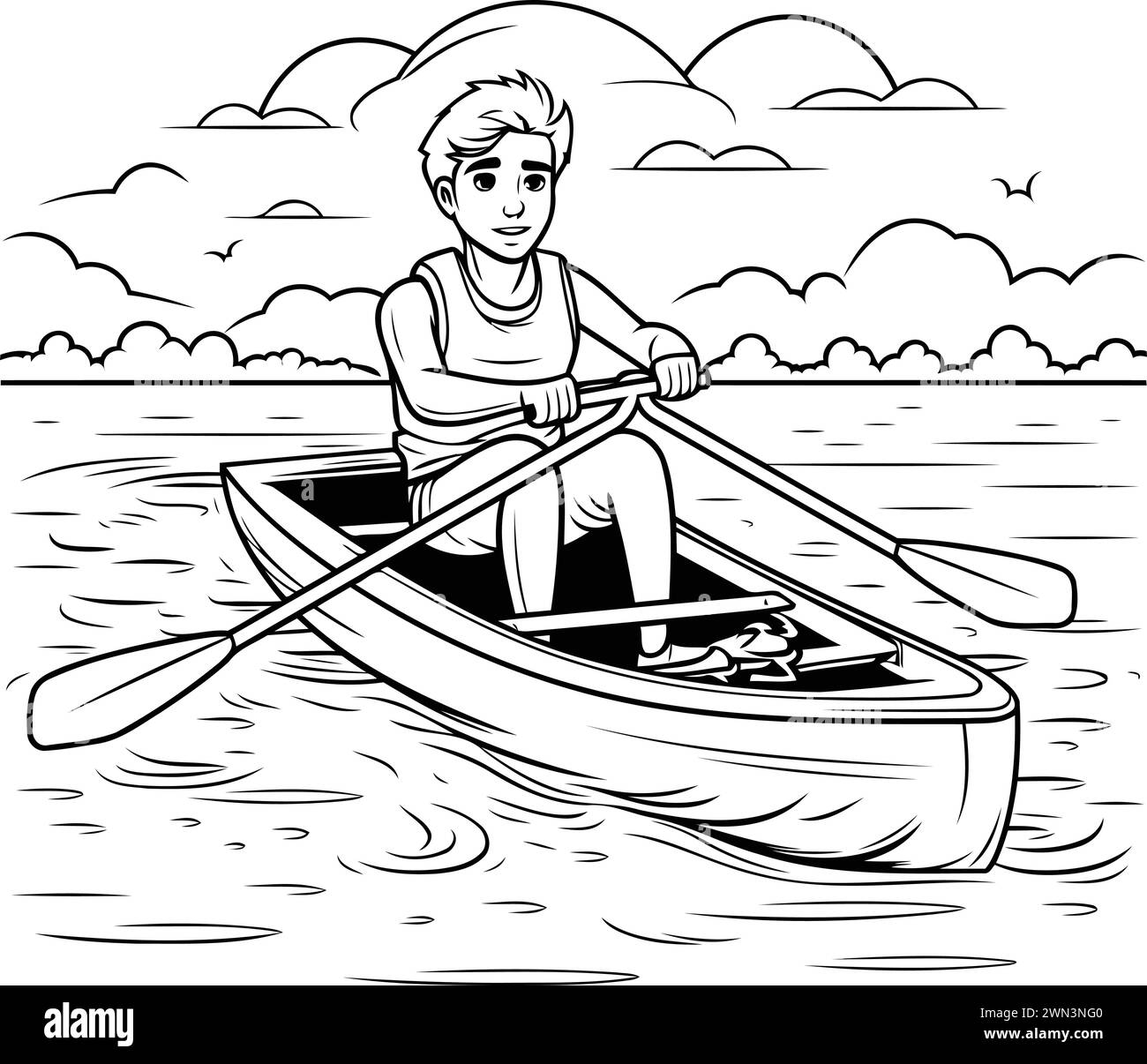 Man rowing a boat on the lake. Black and white vector illustration ...