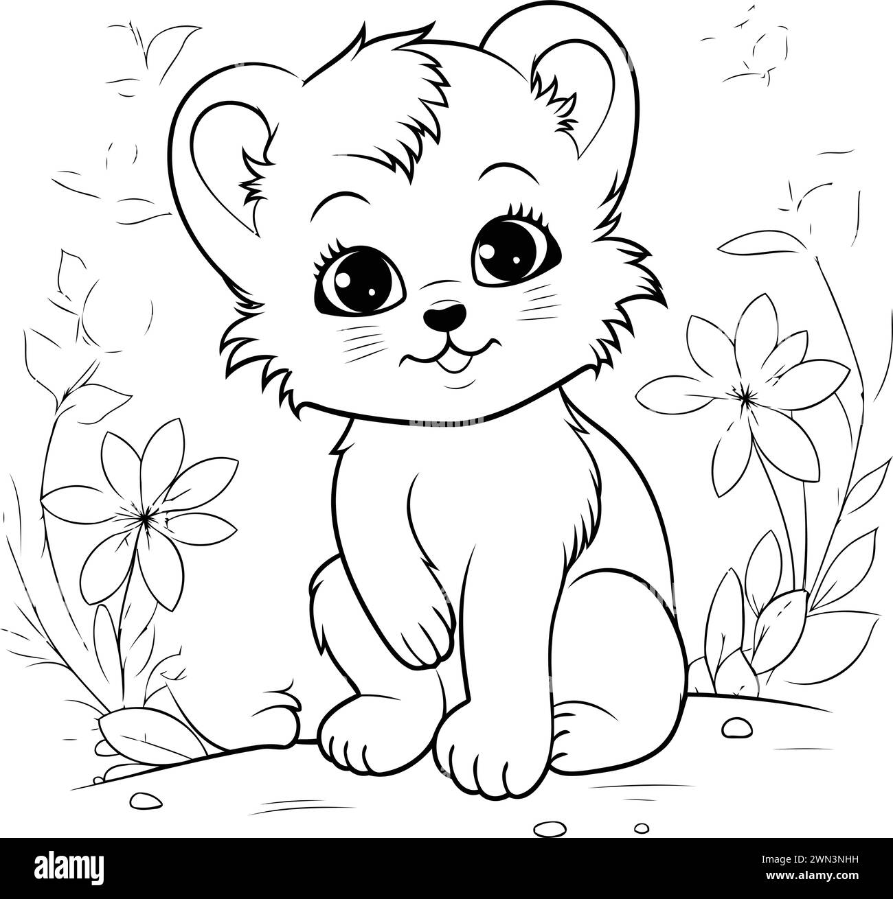 Coloring pages for children. Cute cartoon bear sits on the ground among flowers. Stock Vector