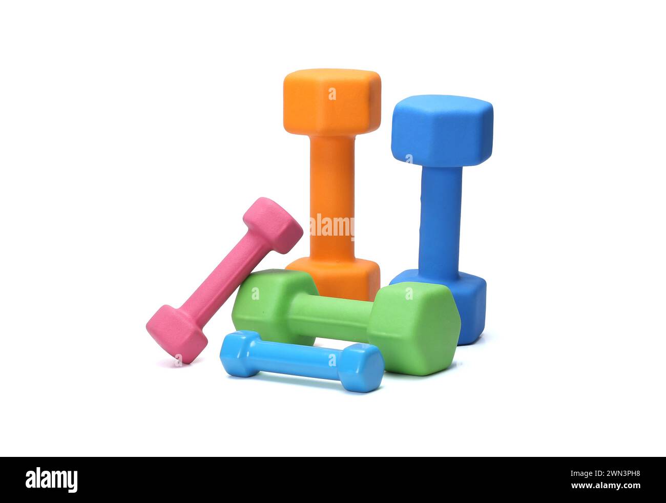 colorful rubber coated dumbbells isolated on white background Stock Photo