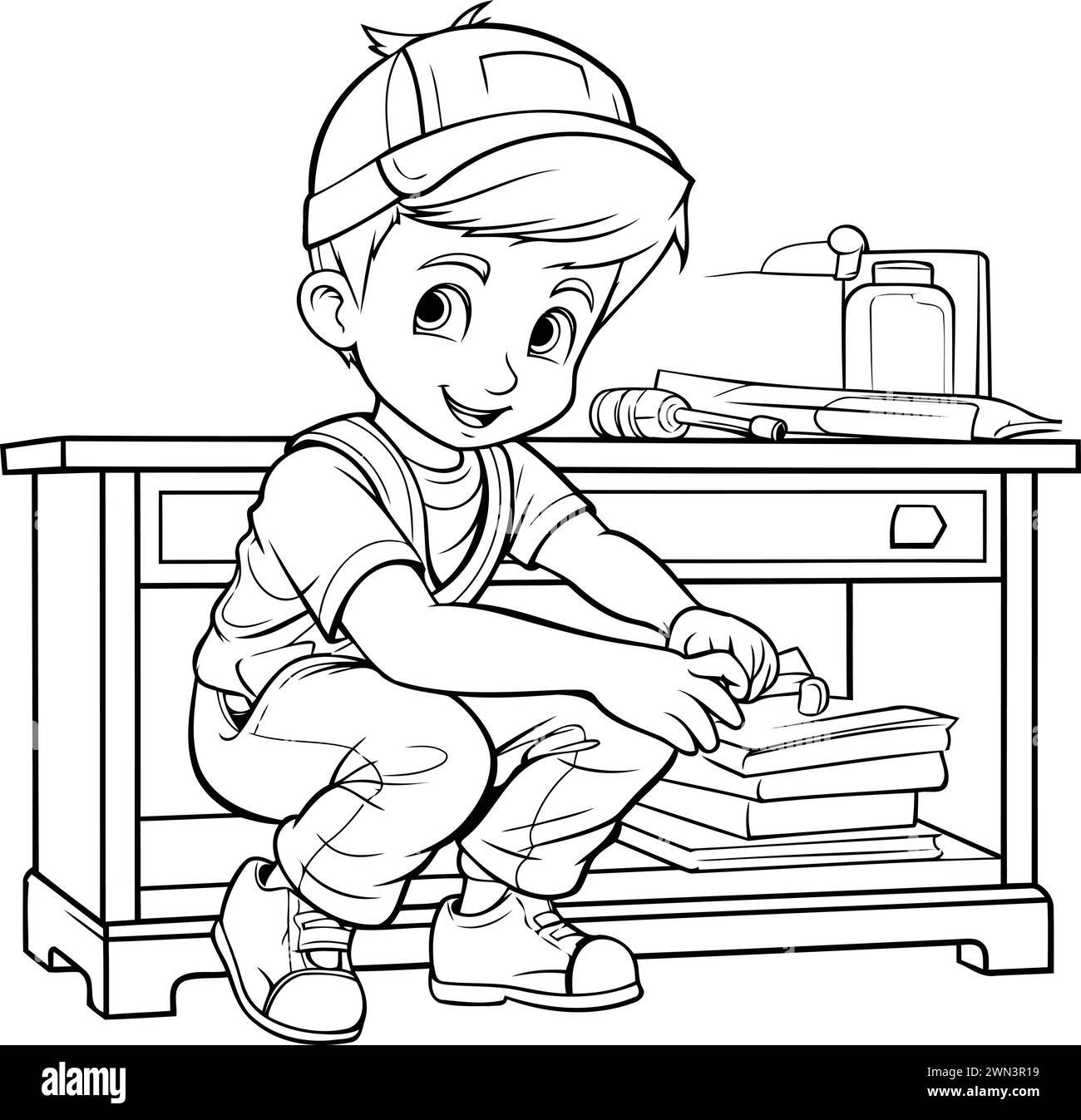 Coloring Page Outline Of a Cute Little Boy Carrying Books Stock Vector ...