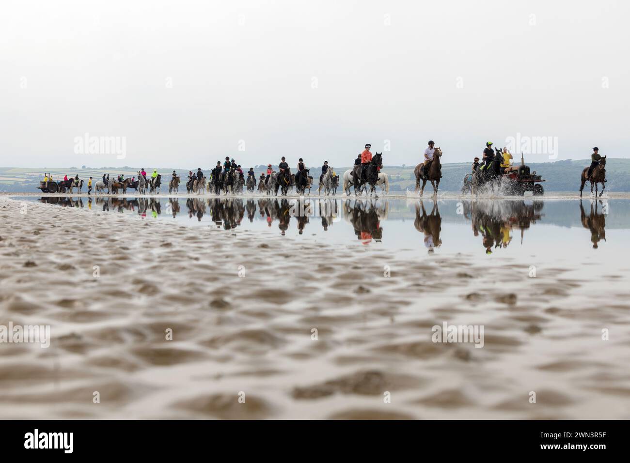 25/06/22   Fisherman and Queen’s Guide to the Sands, Michael Wilson, guides a group of horses across Morecambe Bay.  Michael usually helps people acro Stock Photo