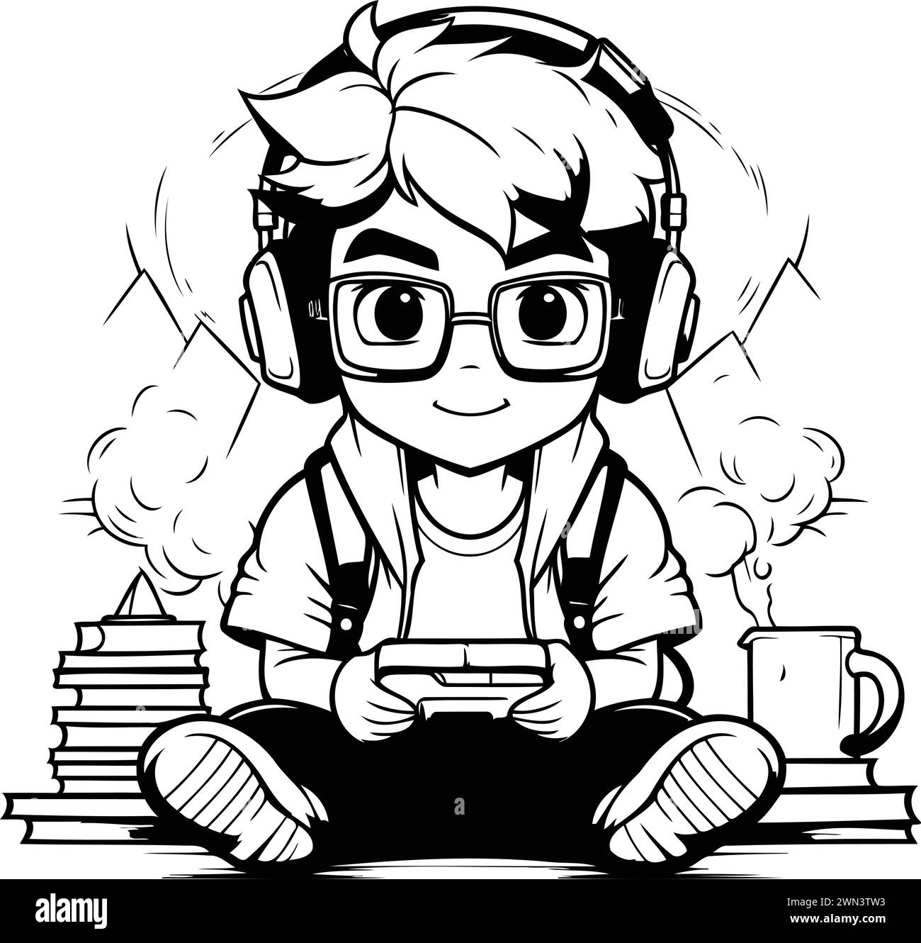 Boy gamer playing video games - Black and White Vector Illustration