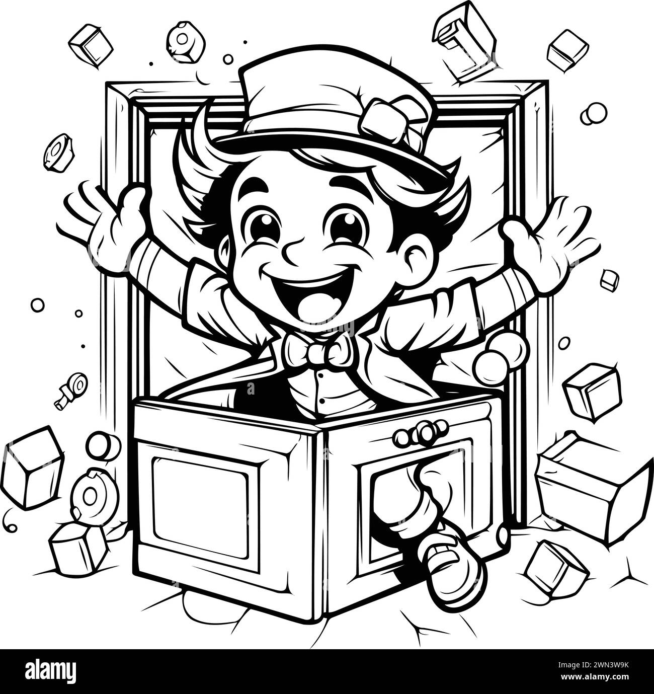 Black and White Cartoon Illustration of Kid Boy Posing Inside a Box for