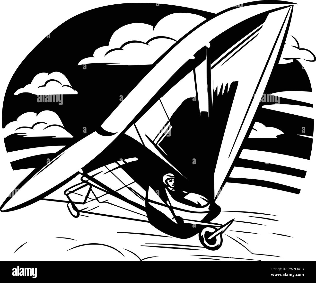 Hang glider flying in the sky. Black and white vector illustration. Stock Vector