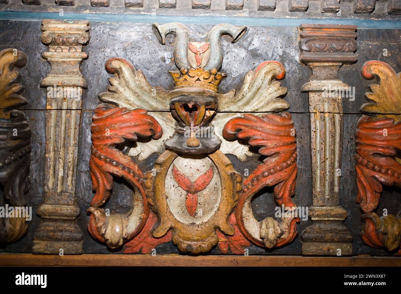 coat of arms, decoration at a mantelpiece, Kemnade House, Hattingen, North Rhine-Westphalia, Germany, Europe Stock Photo
