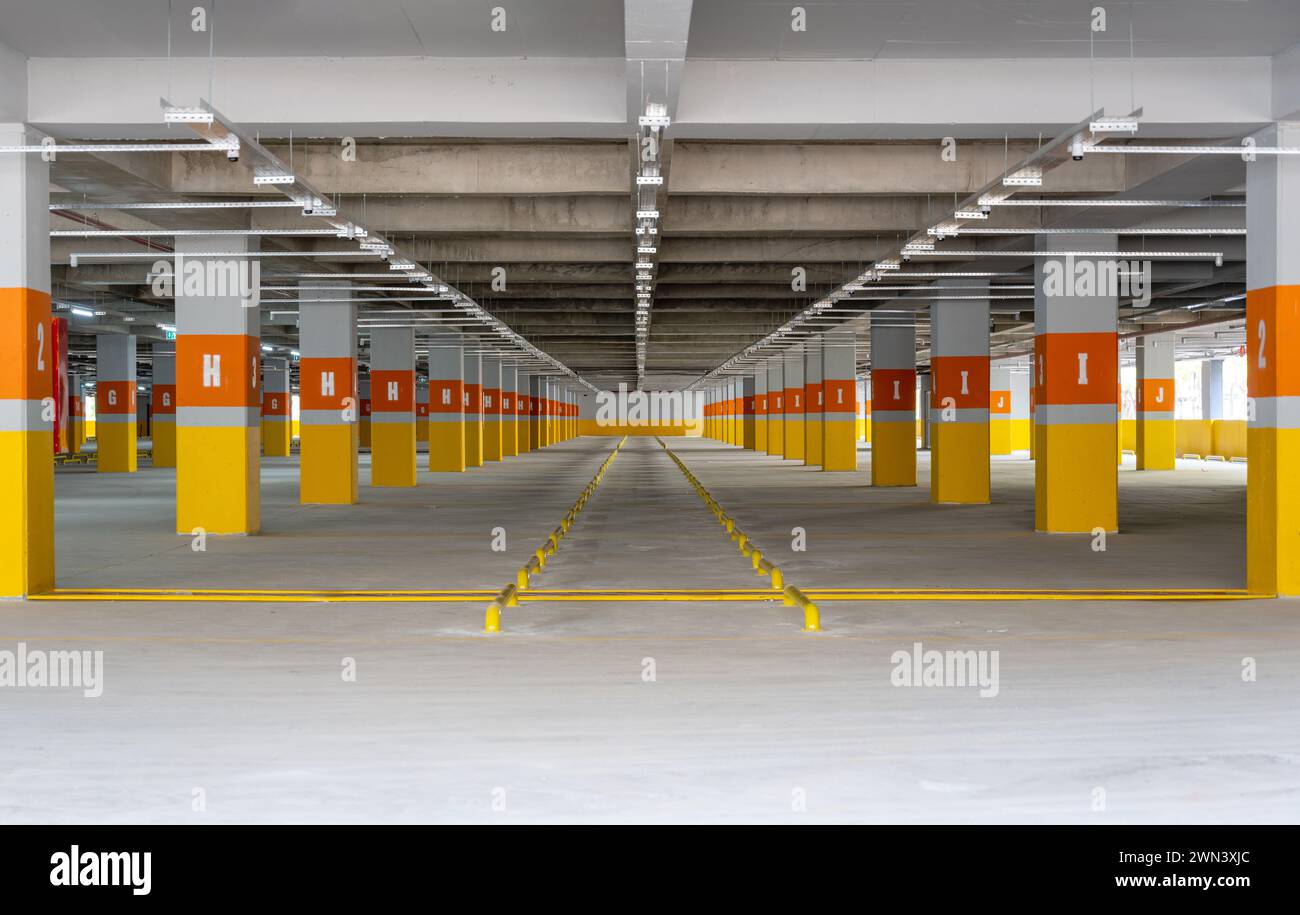 Newly built empty parking garage of the shopping center Stock Photo
