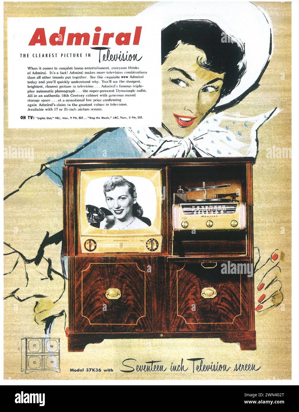 1951 Admiral TV set print ad. 'Seventeen-inch television screen.' Stock Photo