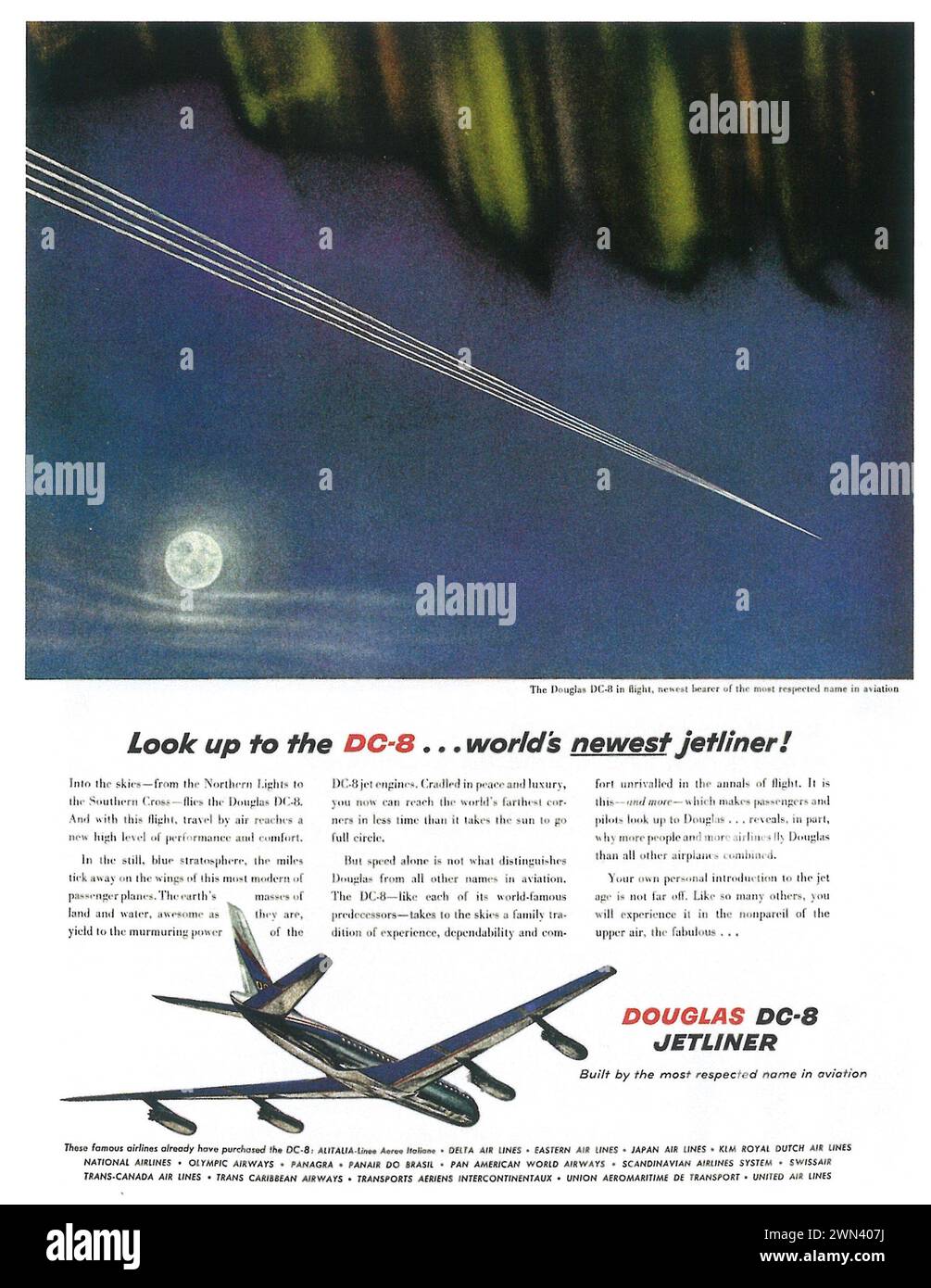 1958 Douglas DC-8 jetliner aircraft print ad Stock Photo