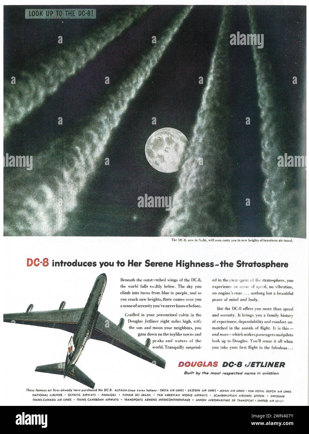 1958 Douglas DC-8 jetliner aircraft print ad Stock Photo