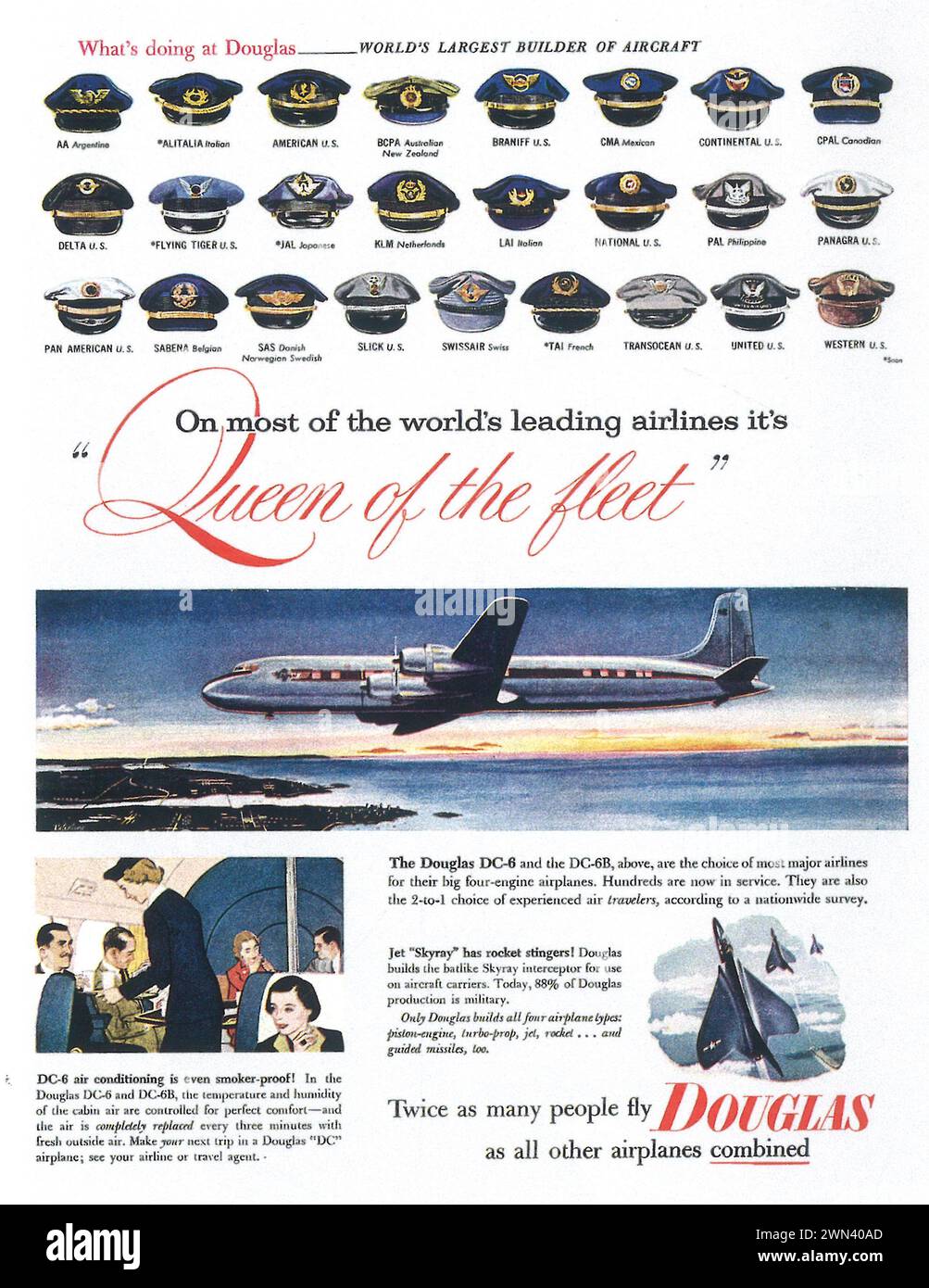 1953 Douglas DC6, Douglas DC6-B aircraft print ad. 'On most of the world's leading airlines it's Queen of the fleet.' Stock Photo