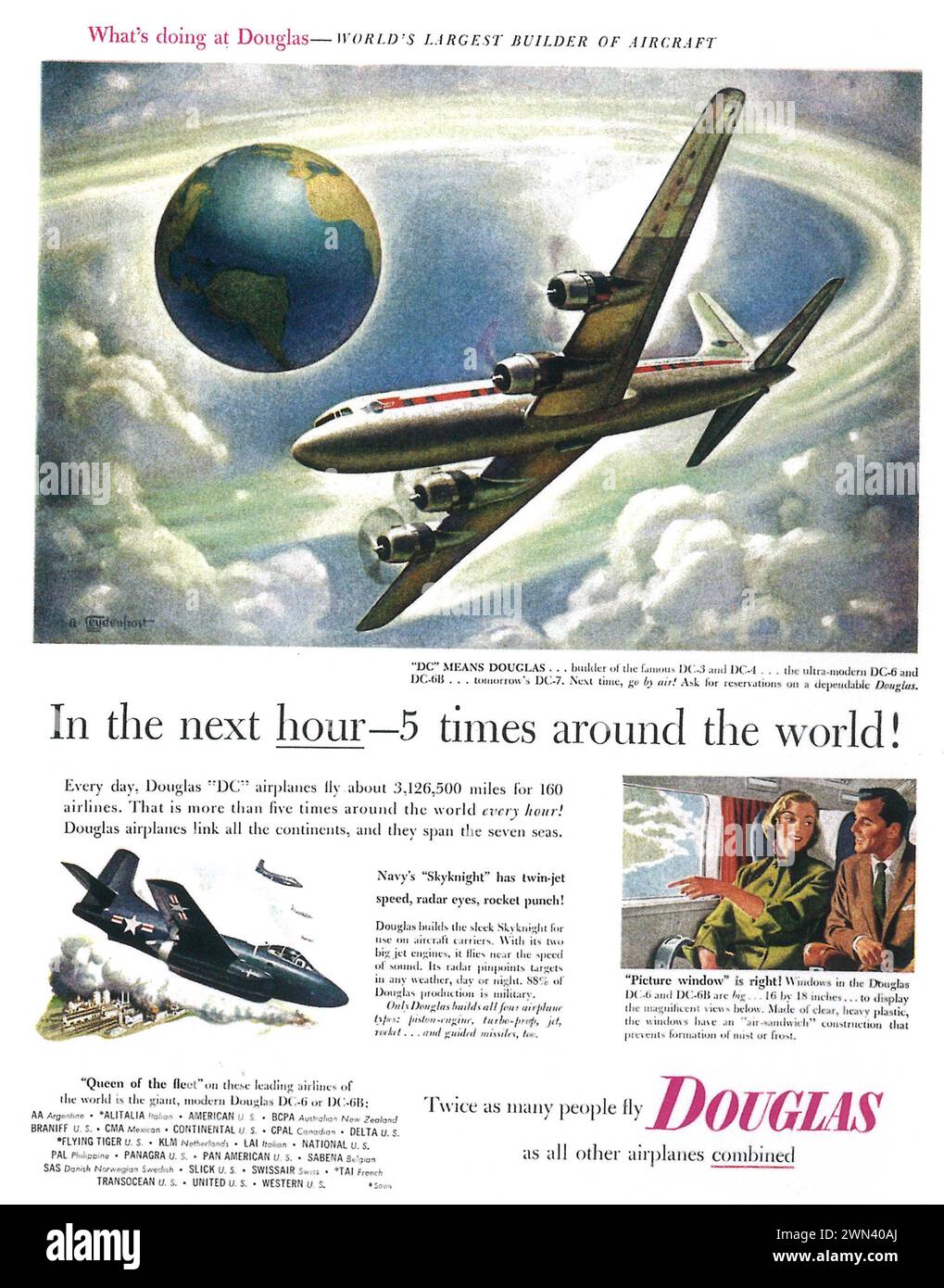 1953 Douglas aircraft print ad. 'World's largest builder of aircraft.' Stock Photo