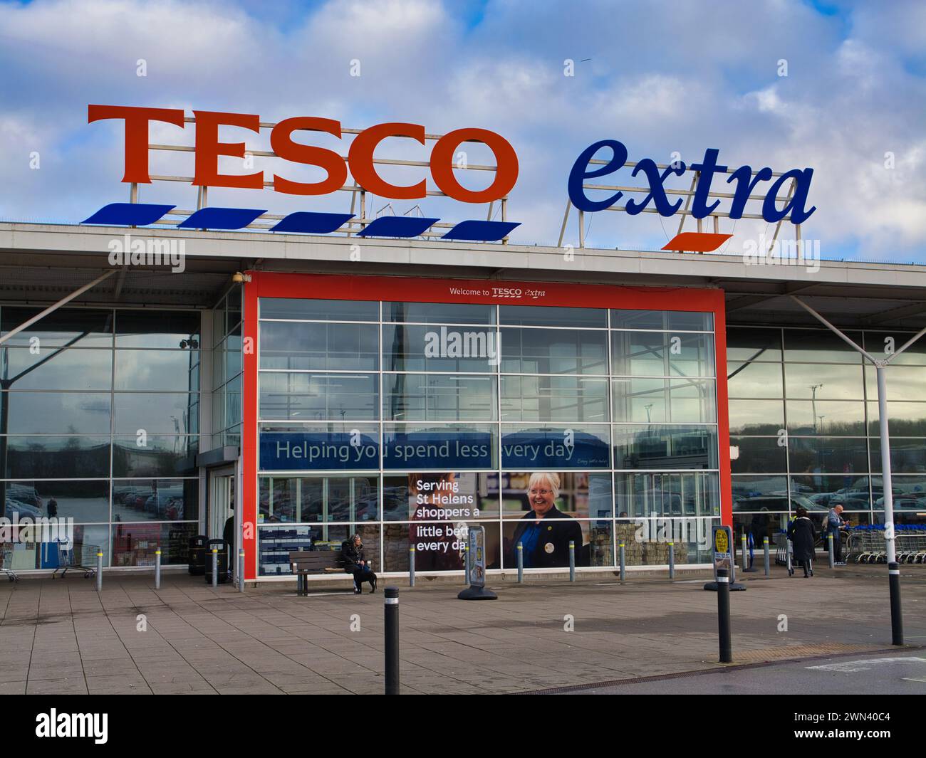 St Helens, UK Jan 4 2024 Corporate signage and the customer entrance at a Tesco Extra