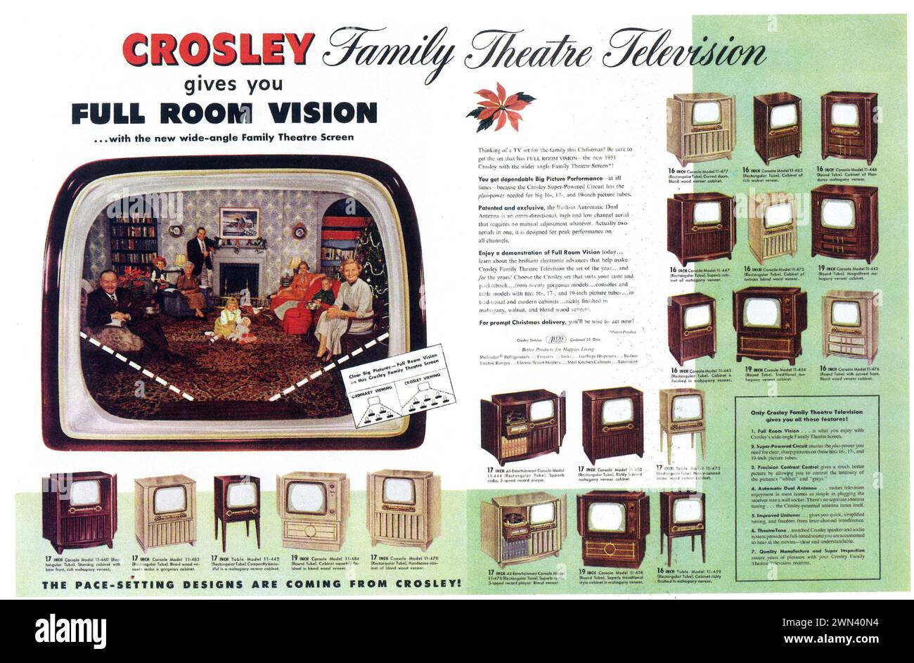 1950 Crosley television print ad. 'Family theatre television gives you full room vision.' Stock Photo