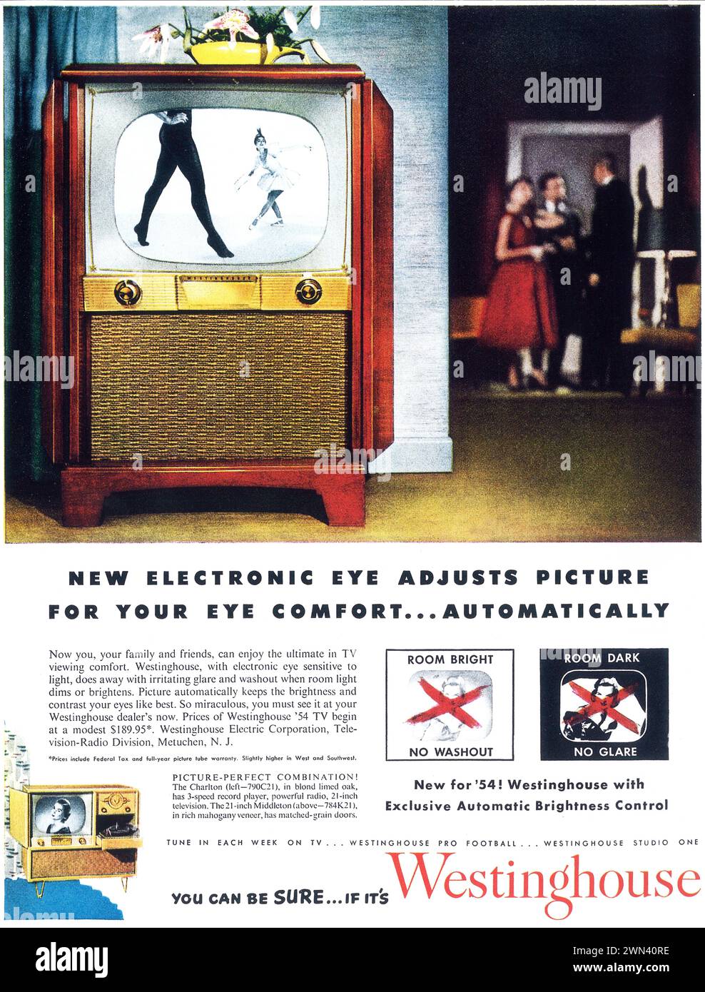 1950s Westinghouse '54 TV print ad. 'Westinghouse with exclusive automatic brightness control.' Stock Photo