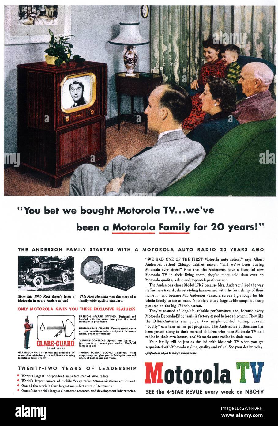 1951 Motorola TV set print ad. 'You bet we bought Motorola TV...we've been a Motorola Family for 20 years!' Stock Photo