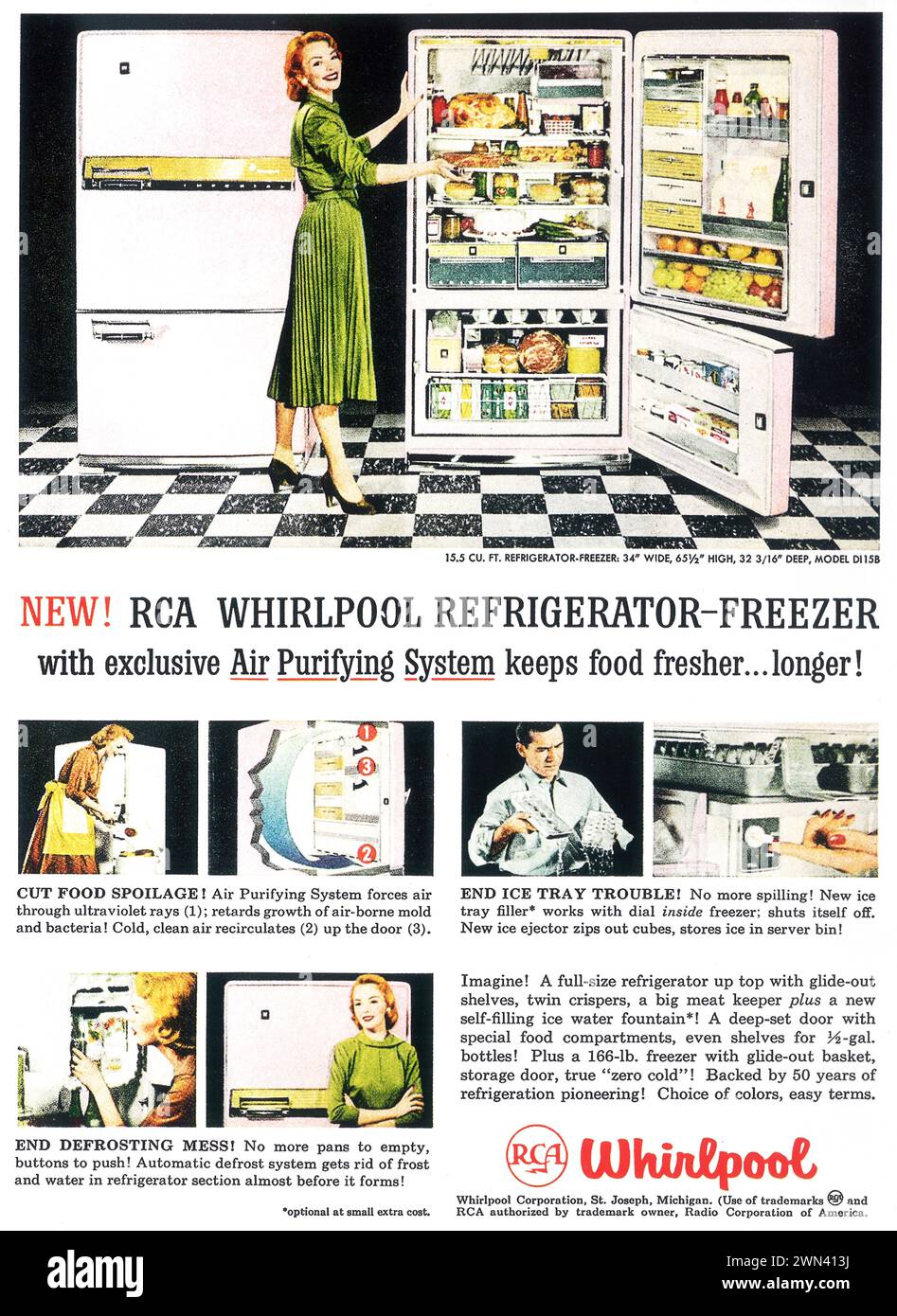 1957 Whirlpool Refrigerator-Freezer with Air-Purifying System Print Ad Stock Photo