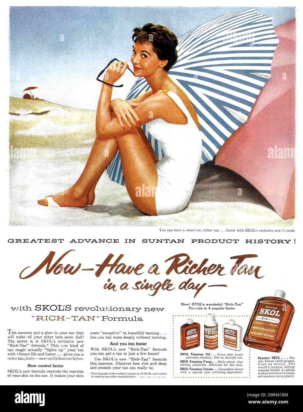 1956 Skol Tanning Lotion Print Ad Stock Photo