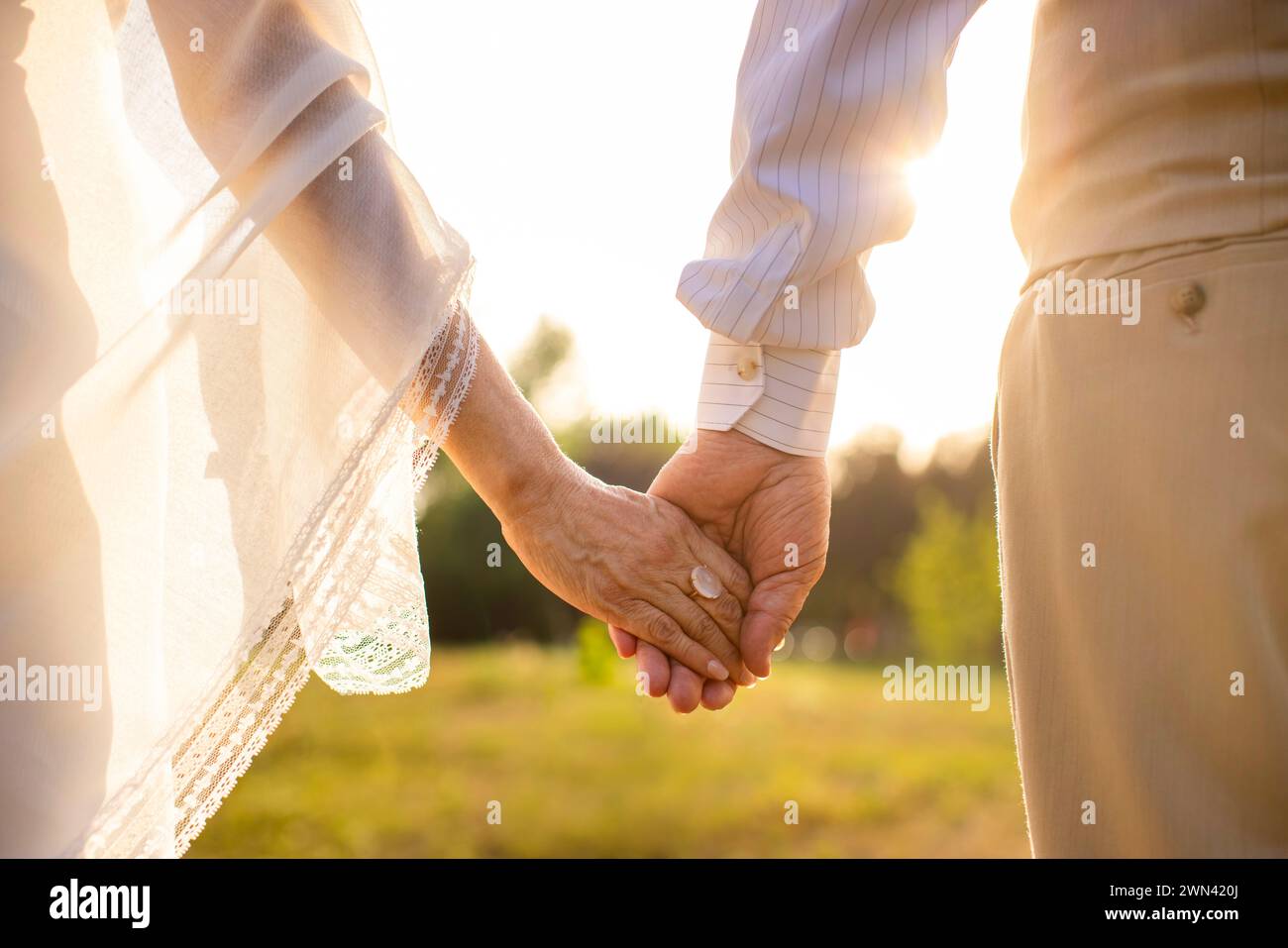 Newlyweds Holding Hands Stock Photo